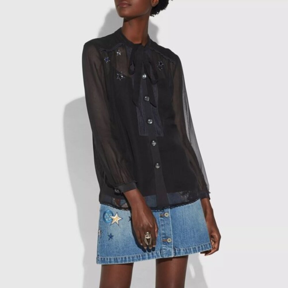 **CLOSET CLEAROUT** 
 Coach Embellished Sheer Star Tie Neck Blouse